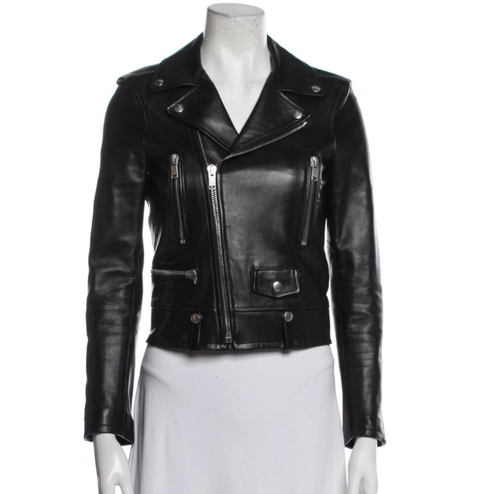 YSL Saint Laurent Black Lambskin Leather Jacket Moto Biker Women's Small